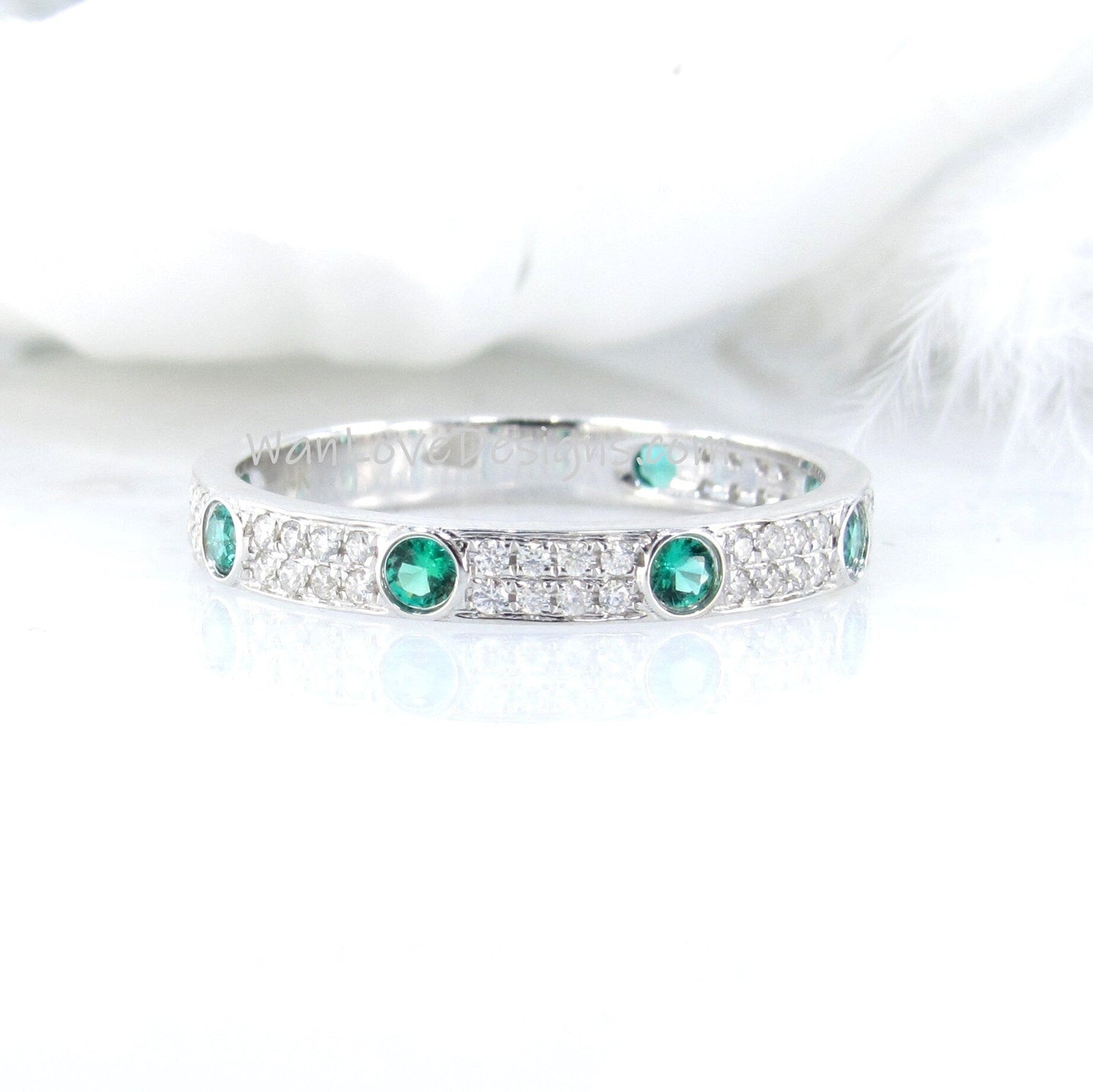 Green Emerald White Moissanite Wedding Band Ring white gold gemstone ring round bezel 7 gem stone Engagement Anniversary band Ready to ship Wan Love Designs