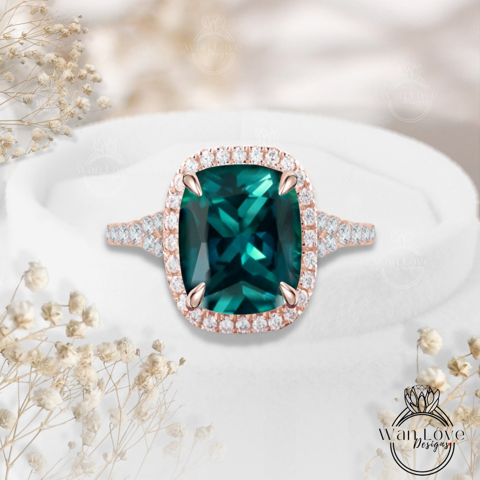 Green Emerald engagement ring halo diamond ring prong ring elongated cushion cut emerald split shank ring art deco ring anniversary ring Wan Love Designs