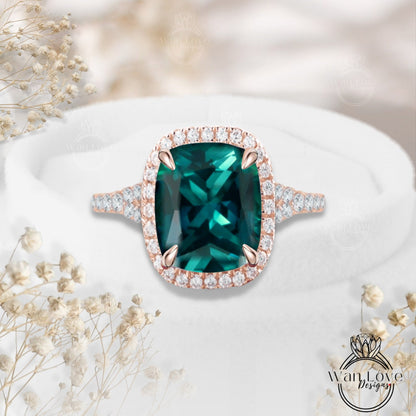 Green Emerald engagement ring halo diamond ring prong ring elongated cushion cut emerald split shank ring art deco ring anniversary ring Wan Love Designs