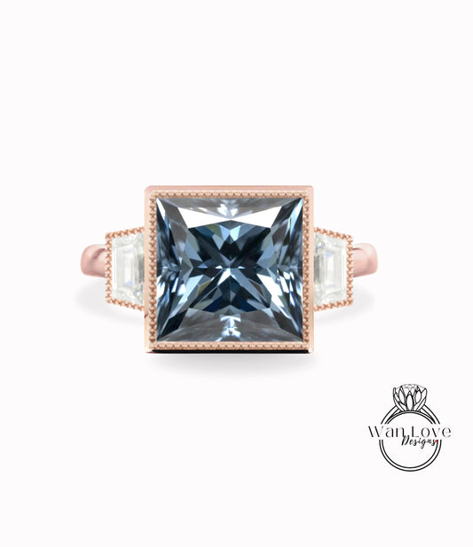Grey Moissanite 3 Gem Princess Trapezoid Bezel set Engagement Ring Custom, Wedding, Anniversary, 14kt 18kt Gold, Platinum, WanLoveDesigns Wan Love Designs