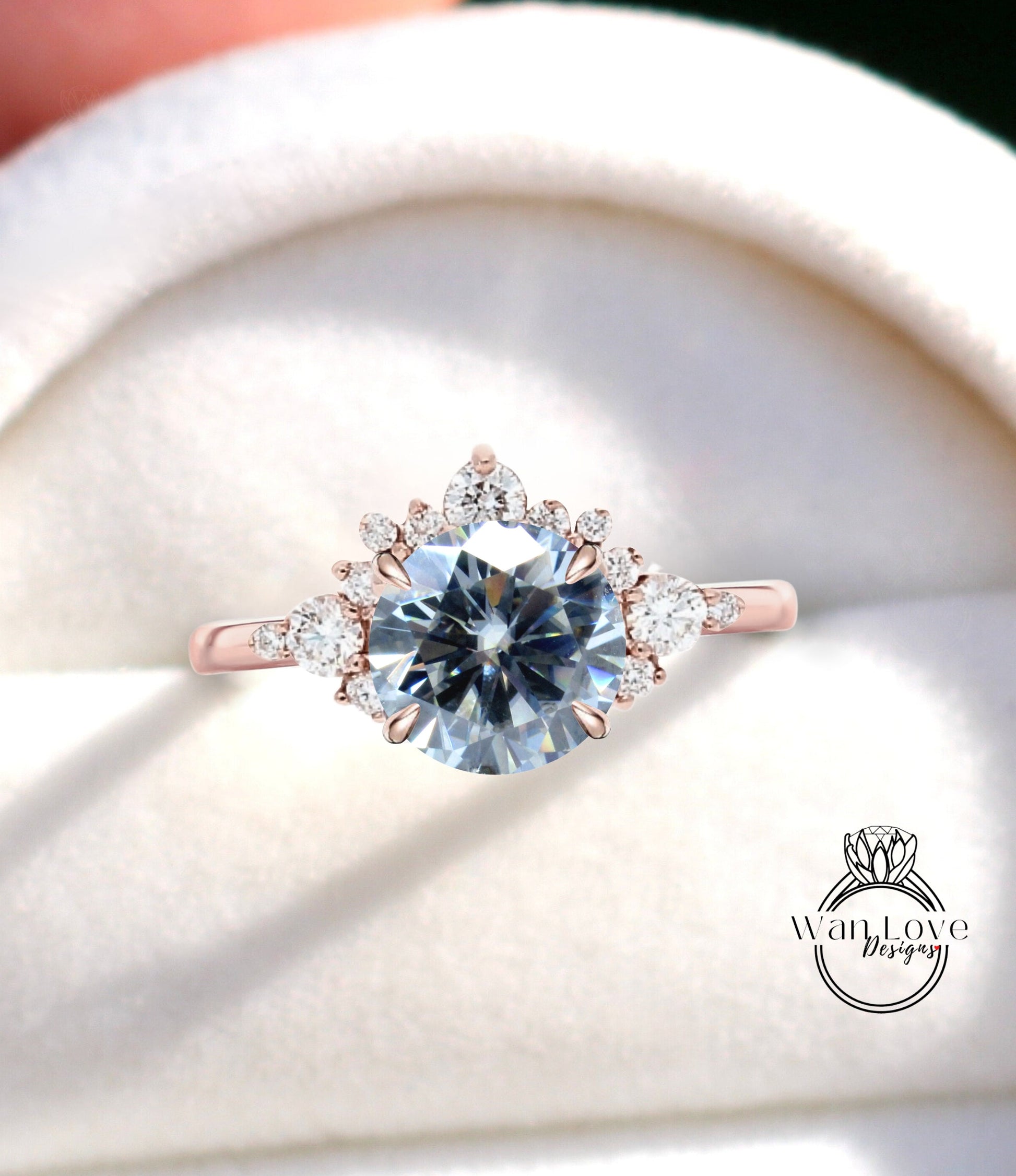 Grey Moissanite Cluster Half Halo engagement ring Diamonds Unique cluster round cut White Rose Gold Ring woman Promise Anniversary Gift Wan Love Designs