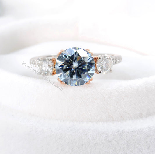 Grey Moissanite Diamond Ring Three Stone Moissanite Ring Round moissanite engagement Ring Diamond wedding Anniversary promise bridal ring Wan Love Designs