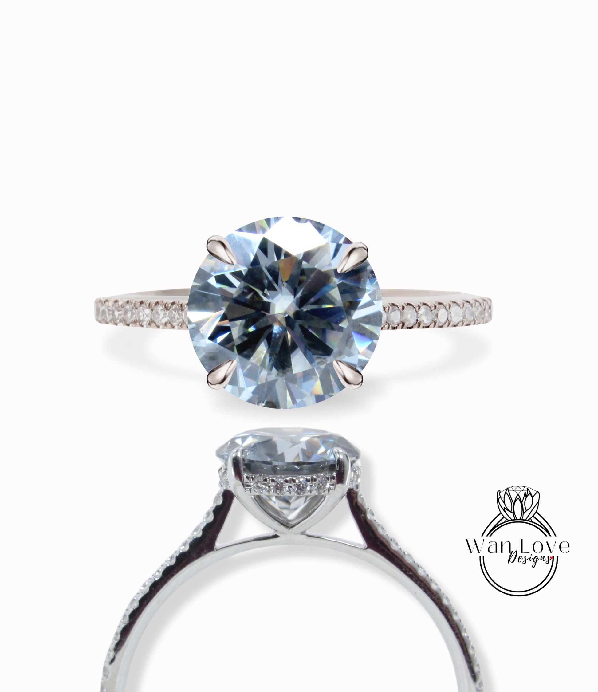 Grey Moissanite & Diamond Side Halo Round Engagement Ring Half Eternity Art Deco gold vintage Ring antique wedding bridal promise ring Wan Love Designs