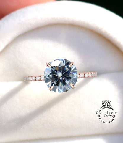 Grey Moissanite & Diamond Thin Side Halo Round Engagement Ring 3/4 Almost eternity ring diamond hidden halo Bridal Anniversary promise Ring gift Wan Love Designs