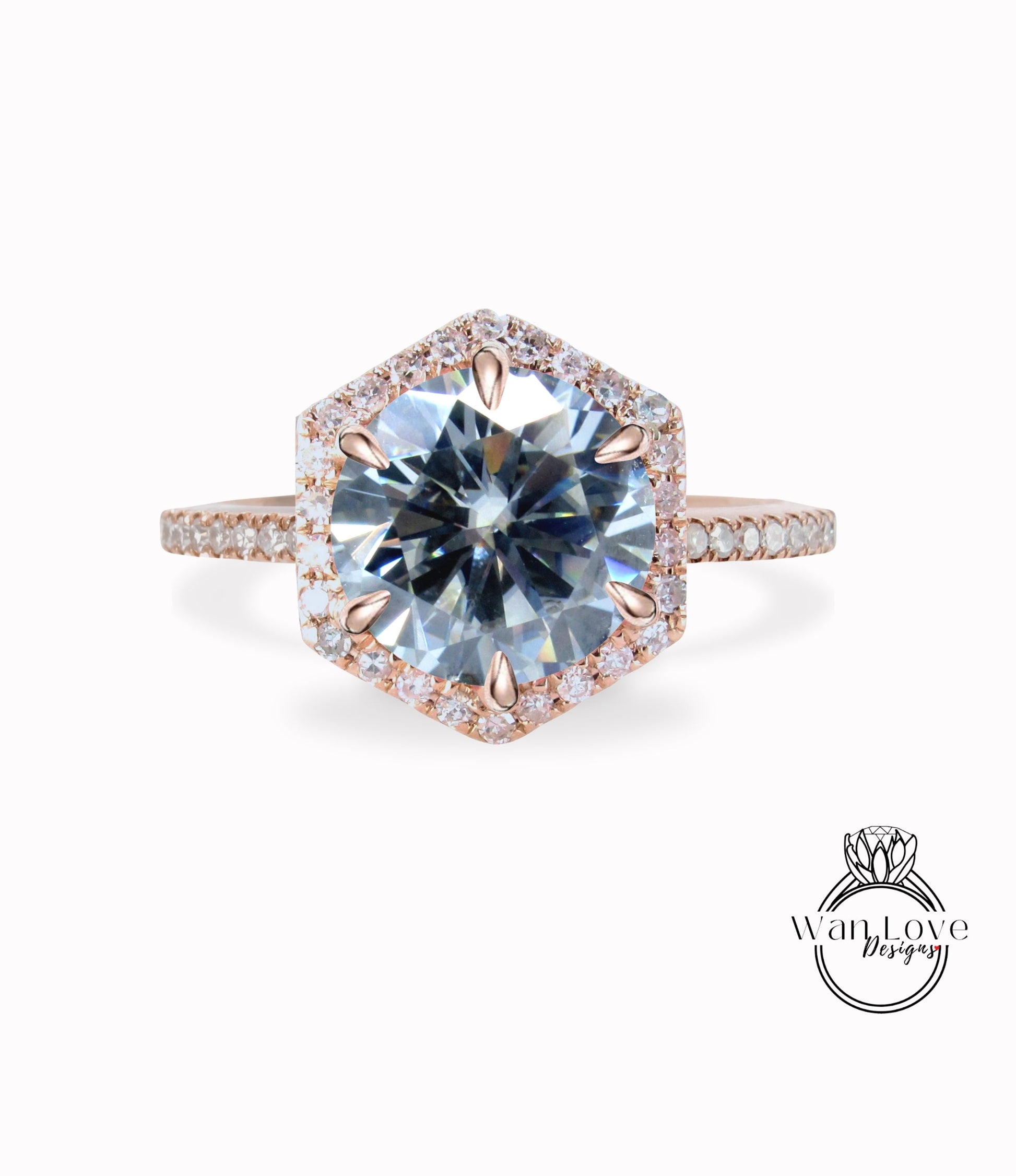 Grey Moissanite Hexagon Diamond Halo Gold Ring/ Round Gray Moissanite Center gem Ring/ Engagement Ring/ Anniversary Ring/ Promise Ring/ Halo Milgrain Ring Wan Love Designs