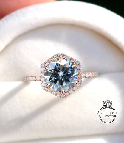 Grey Moissanite Hexagon Diamond Halo Gold Ring/ Round Gray Moissanite Center gem Ring/ Engagement Ring/ Anniversary Ring/ Promise Ring/ Halo Milgrain Ring Wan Love Designs