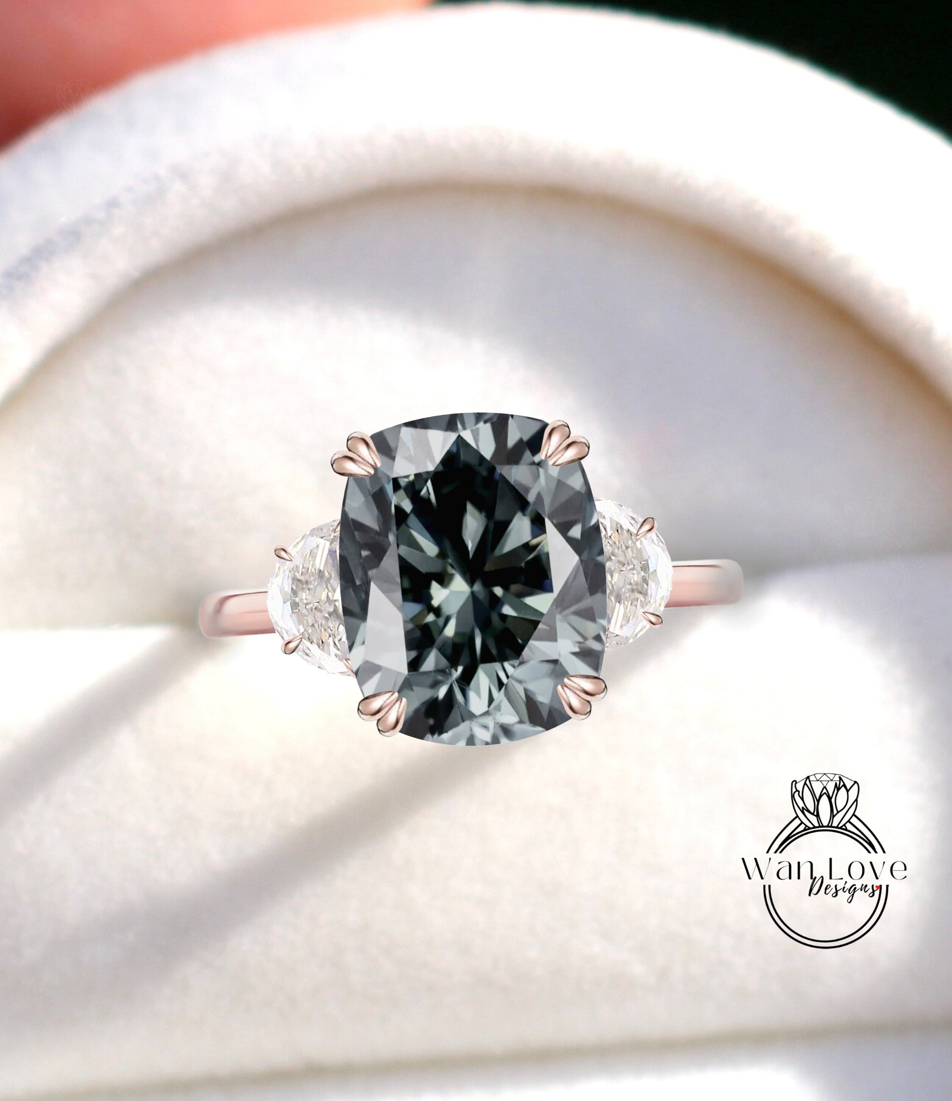 Grey Moissanite diamond engagement ring cushion cut half moon rose gold art deco diamond three stone ring wedding Bridal ring Anniversary gift Wan Love Designs