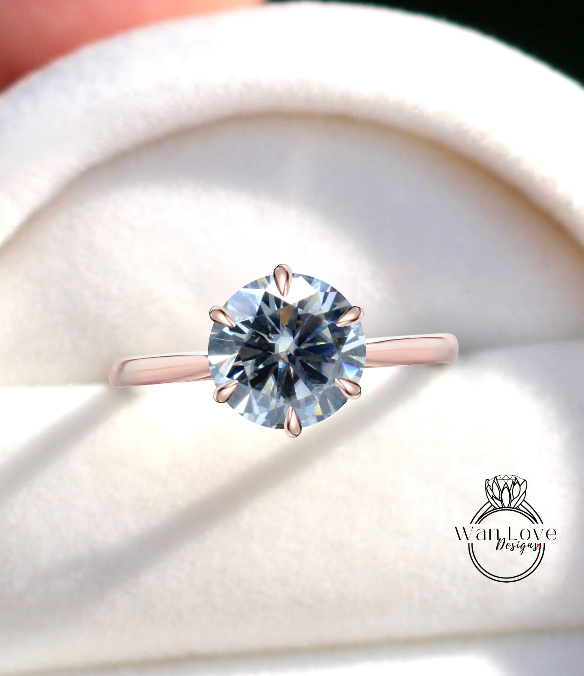 Grey Moissanite engagement ring Solitaire 6 prong tapered ring gold ring round cut ring vintage ring art deco ring moissanite promise ring Wan Love Designs