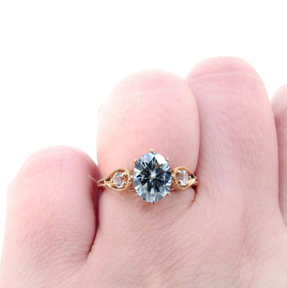 Grey Moissanite engagement ring vintage Oval milgrain ring Three stone round bridal ring art deco ring Promise Anniversary ring rose gold Wan Love Designs