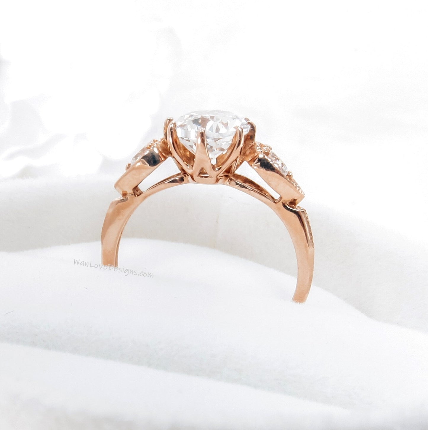 Grey Moissanite engagement ring vintage Oval milgrain ring Three stone round bridal ring art deco ring Promise Anniversary ring rose gold Wan Love Designs