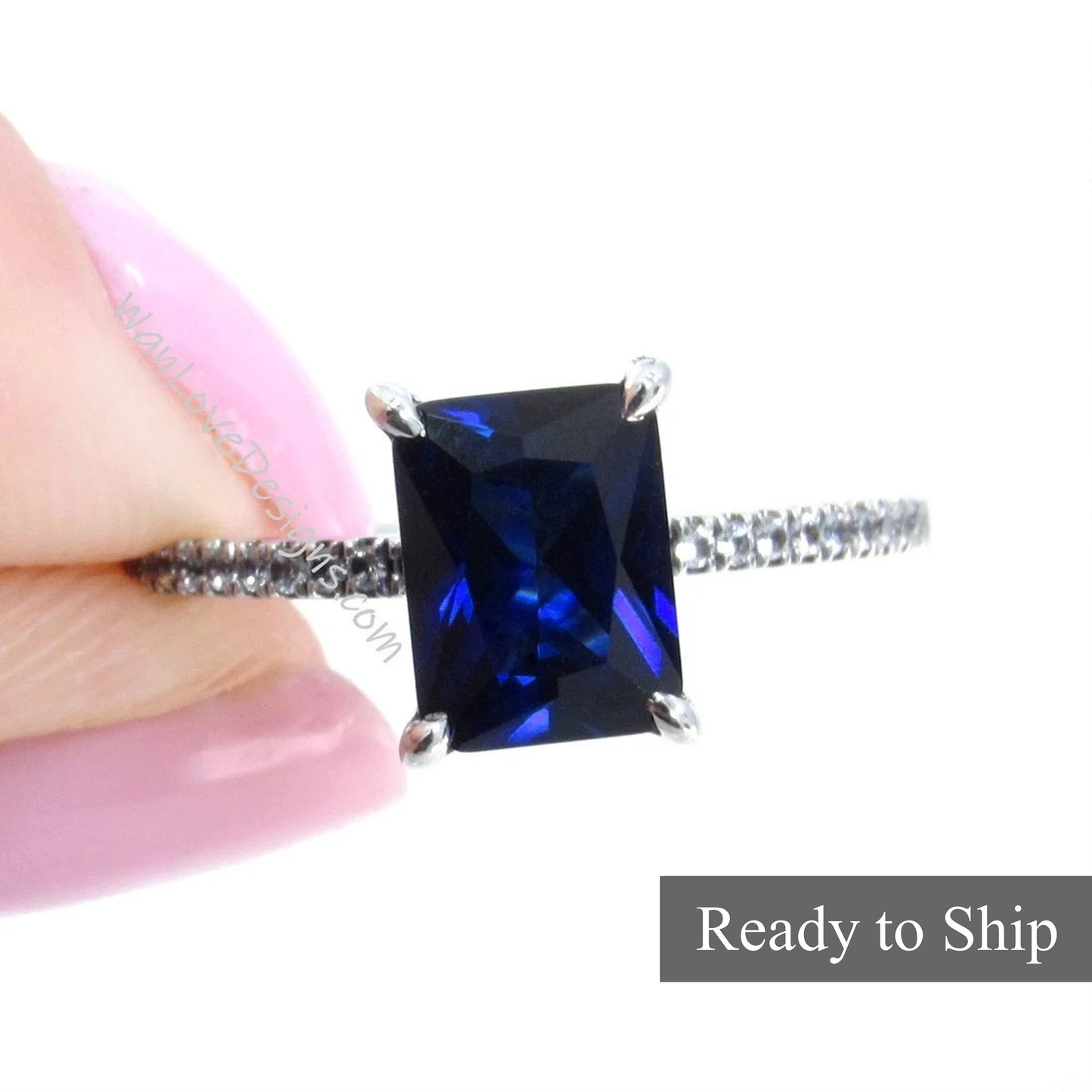 Half Eternity 2ct Emerald cut Blue & White Sapphire Engagement Ring Art Deco 1920's Inspired Dainty Thin Petite Band, Ready to Ship Ring Wan Love Designs