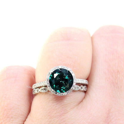 Halo Diamond Emerald Ring Set, Emerald Ring Set, Green Emerald Ring with Milgrain Scalloped Leaf Diamond Band Wan Love Designs