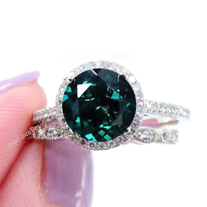 Halo Diamond Emerald Ring Set, Emerald Ring Set, Green Emerald Ring with Milgrain Scalloped Leaf Diamond Band Wan Love Designs