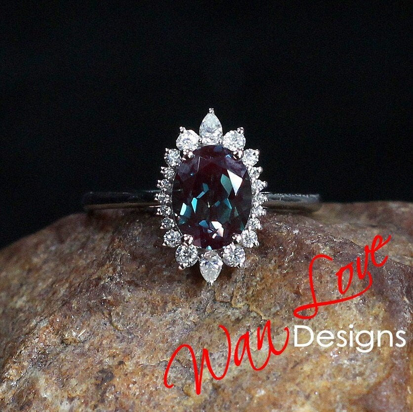 Halo Oval Alexandrite Engagement Ring, Halo Oval Moissanite Engagement Ring, Rose Gold Oval Cluster floral Ring, Anniversary Diamond Ring Wan Love Designs