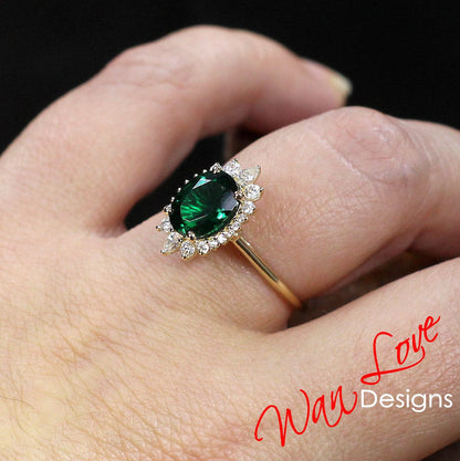 Halo Oval Emerald Engagement Ring, Halo Oval Moissanite Engagement Ring, Rose Gold Oval Cluster floral Ring, Anniversary Diamond Ring Wan Love Designs