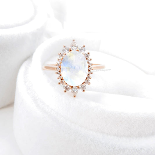 Halo Oval Moonstone Engagement Ring, Halo Oval Moissanite Engagement Ring, Rose Gold Oval Cluster floral Ring, Anniversary Diamond Ring Wan Love Designs
