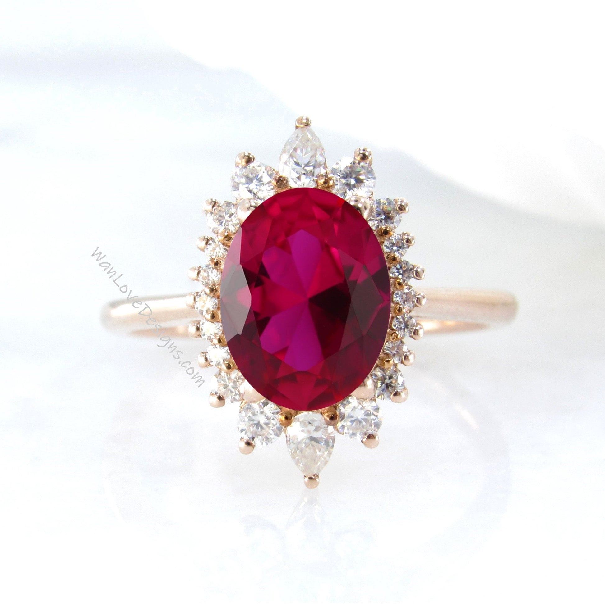Halo Oval Ruby Engagement Ring, Halo Oval Moissanite Engagement Ring, Rose Gold Oval Cluster floral Ring, Anniversary Diamond Ring Wan Love Designs