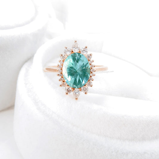 Halo Oval Teal Spinel Engagement Ring, Halo Oval Moissanite Engagement Ring, Rose Gold Oval Cluster floral Ring, Anniversary Diamond Ring Wan Love Designs