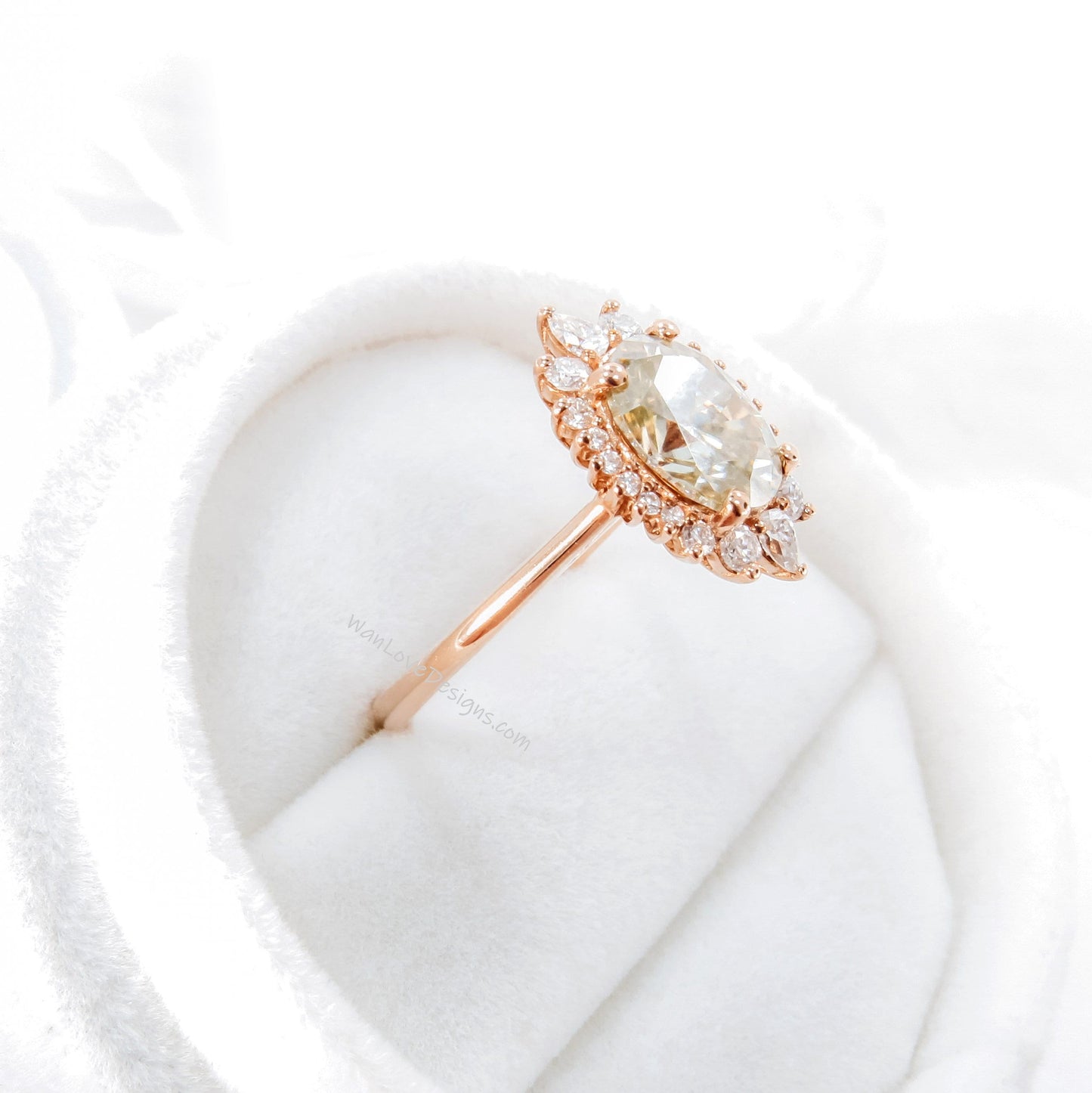 Halo Oval White Sapphire Engagement Ring, Halo Oval Moissanite Engagement Ring, Rose Gold Oval Cluster floral Ring, Anniversary Diamond Ring Wan Love Designs