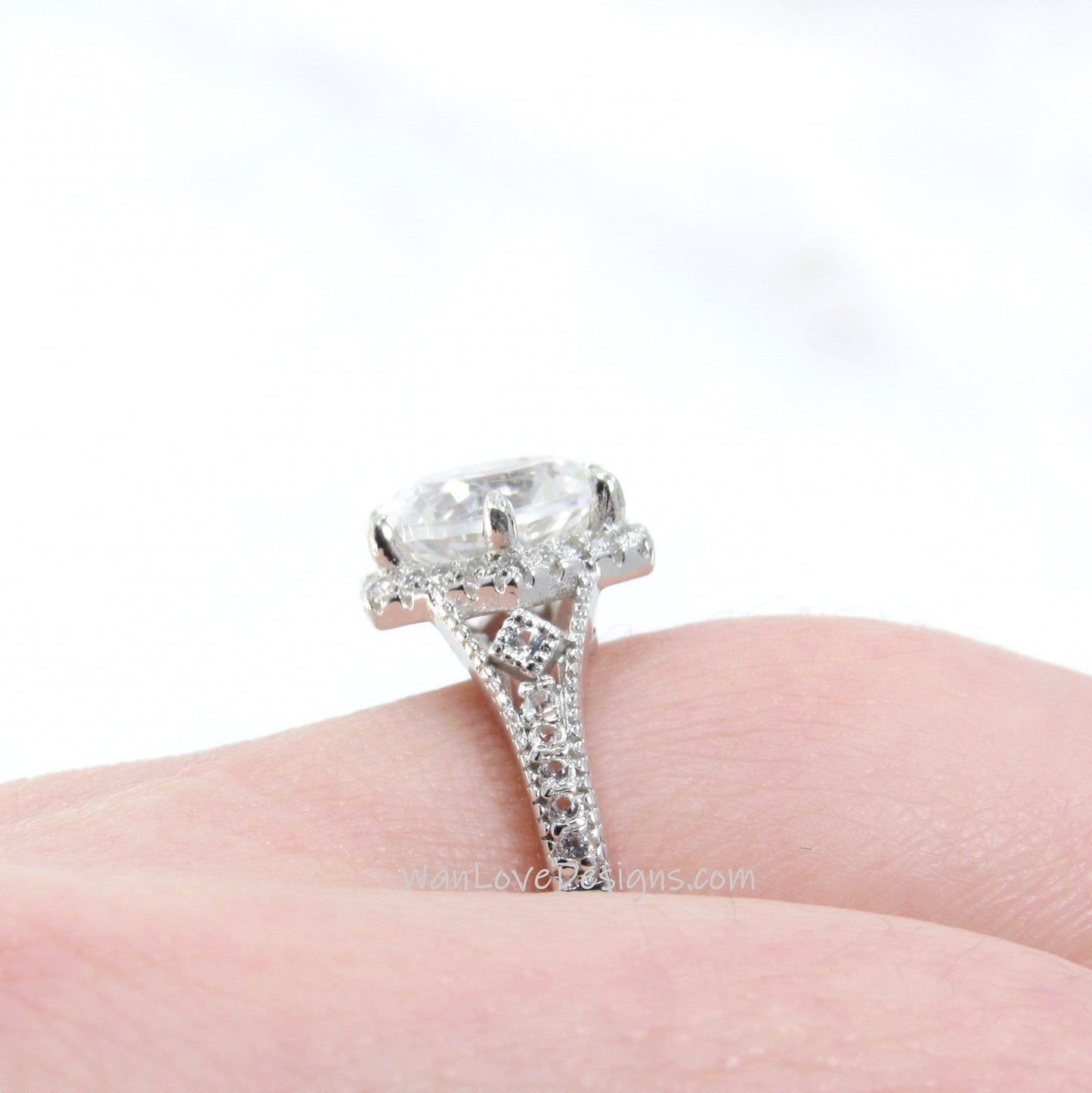 Halo Salt & Pepper Diamond Hexagon Engagement Ring, Hexagon moissanite ring, Hexagon milgrain ring Wan Love Designs