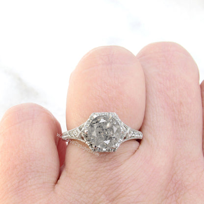 Halo Salt & Pepper Diamond Hexagon Engagement Ring, Hexagon moissanite ring, Hexagon milgrain ring Wan Love Designs