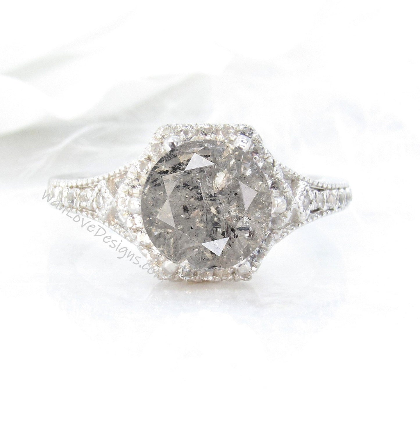 Halo Salt & Pepper Diamond Hexagon Engagement Ring, Hexagon moissanite ring, Hexagon milgrain ring Wan Love Designs