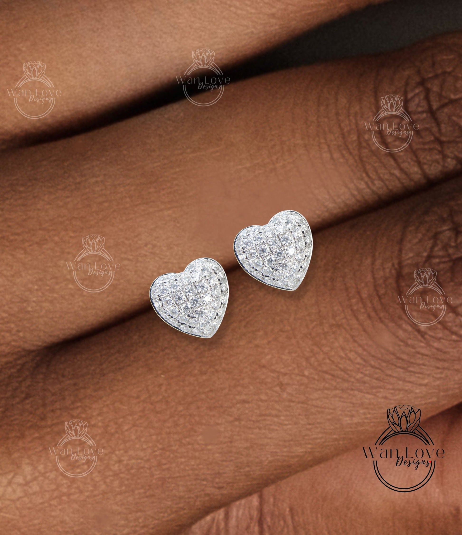 Heart Pave Earrings Moissanite White Gold Pave Pillow Puff Dome, Custom, Wedding, Anniversary Gift, Ready to Ship Wan Love Designs