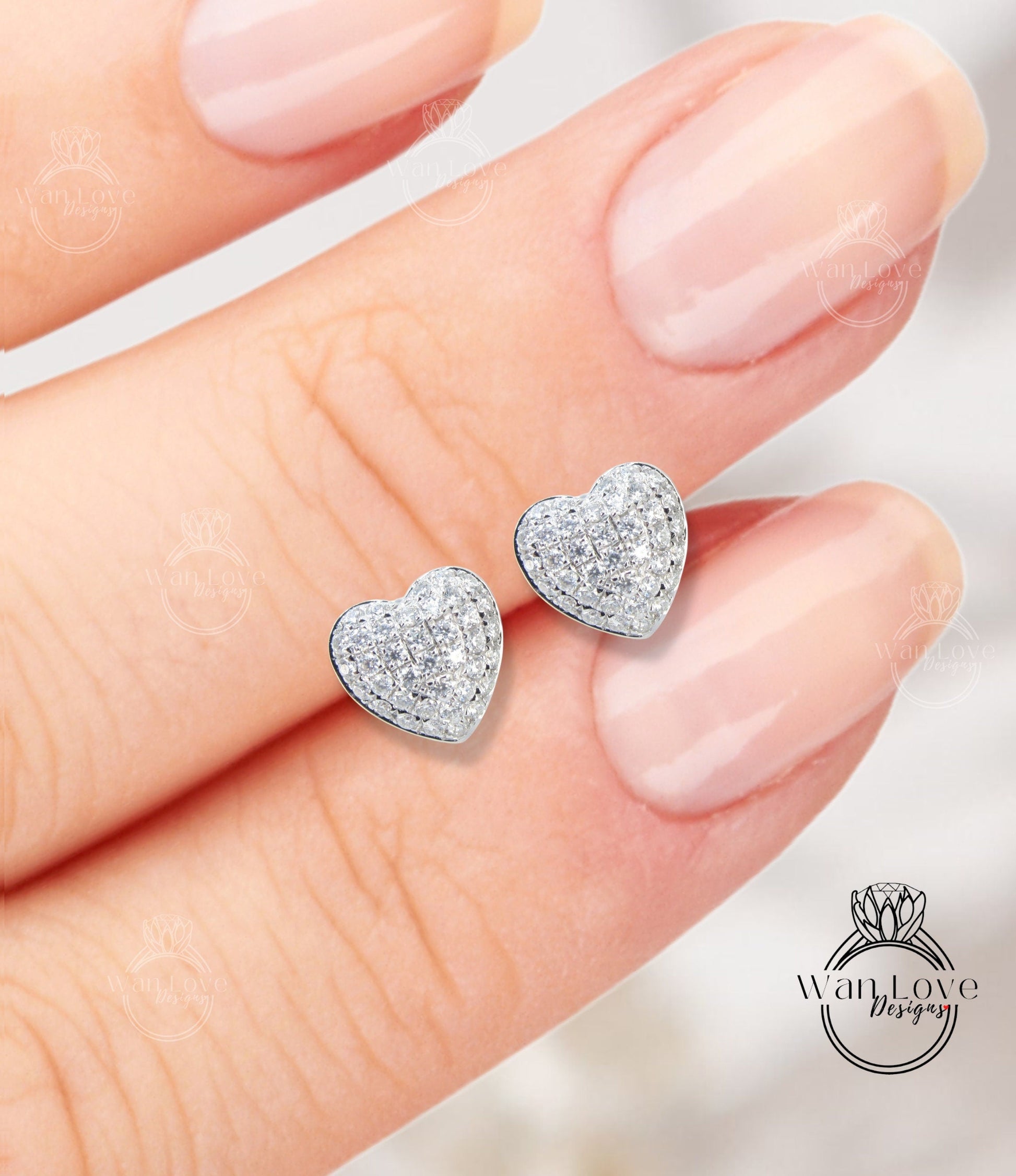 Heart Pave Earrings Moissanite White Gold Pave Pillow Puff Dome, Custom, Wedding, Anniversary Gift, Ready to Ship Wan Love Designs