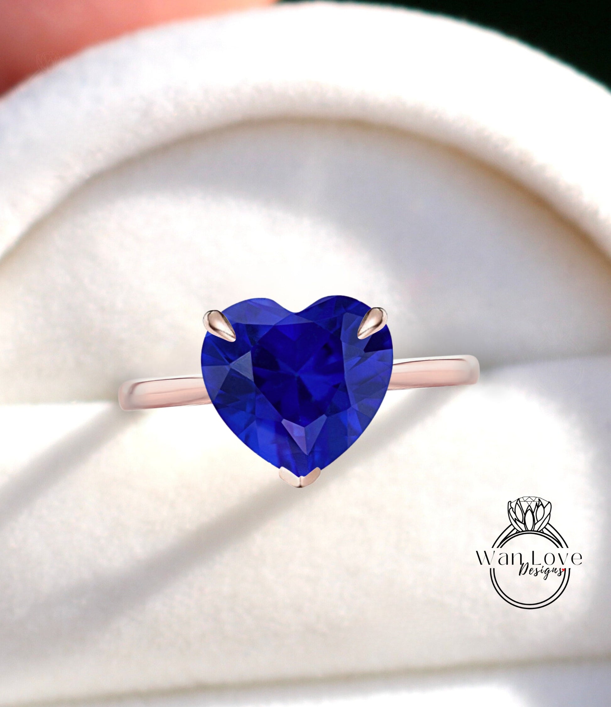 Heart cut Blue Sapphire Engagement ring vintage white gold solitaire engagement ring woman unique alternative ring Bridal Anniversary gift Wan Love Designs