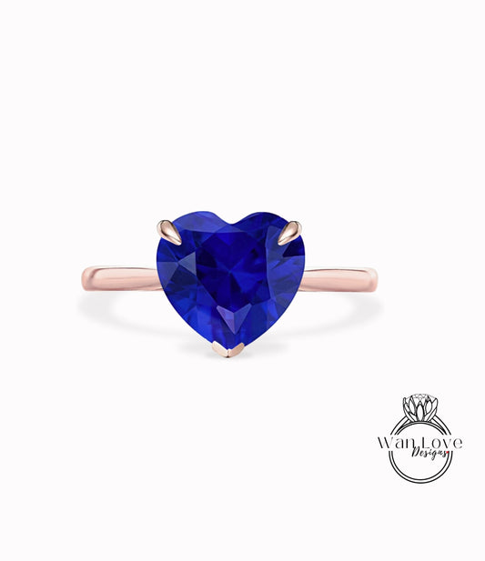 Heart cut Blue Sapphire Engagement ring vintage white gold solitaire engagement ring woman unique alternative ring Bridal Anniversary gift Wan Love Designs