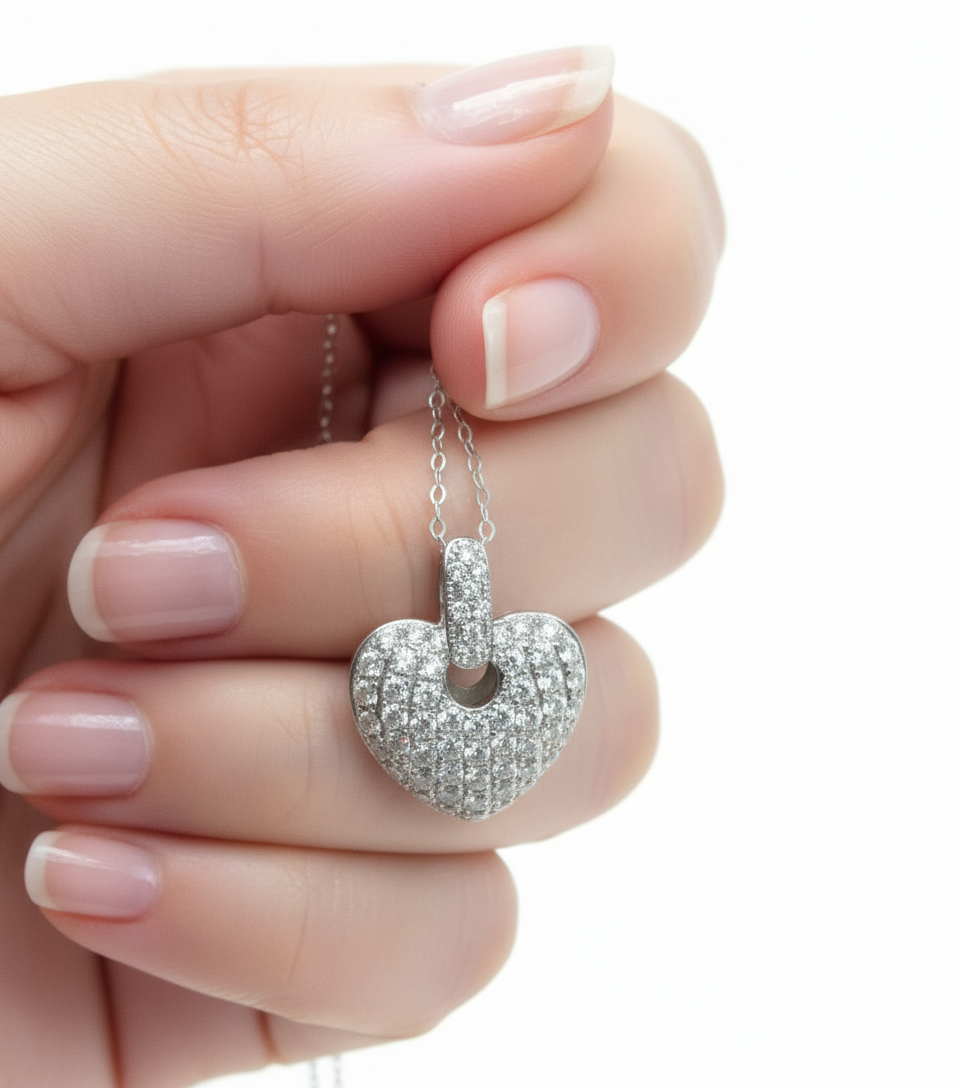 Antique Heart Diamond Pendant, White Blue Pink Sapphire Moissanite Wedding Pendant, Bridal Pave 3D Puff Heart 2 Sided Charm, Anniversary Love Gift, Wedding Jewelry, Special Birthstone Gift For Her