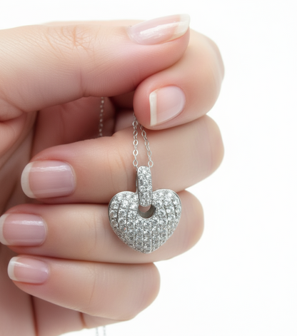 Antique Heart Diamond Pendant, White Blue Pink Sapphire Moissanite Wedding Pendant, Bridal Pave 3D Puff Heart 2 Sided Charm, Anniversary Love Gift, Wedding Jewelry, Special Birthstone Gift For Her