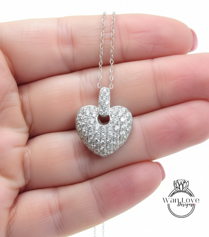 Antique Heart Diamond Pendant, White Blue Pink Sapphire Moissanite Wedding Pendant, Bridal Pave 3D Puff Heart 2 Sided Charm, Anniversary Love Gift, Wedding Jewelry, Special Birthstone Gift For Her