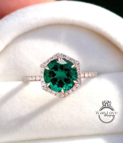 Hexagon Halo Emerald engagement ring Round cut diamond halo ring half eternity vintage art deco rose gold ring anniversary promise ring Wan Love Designs