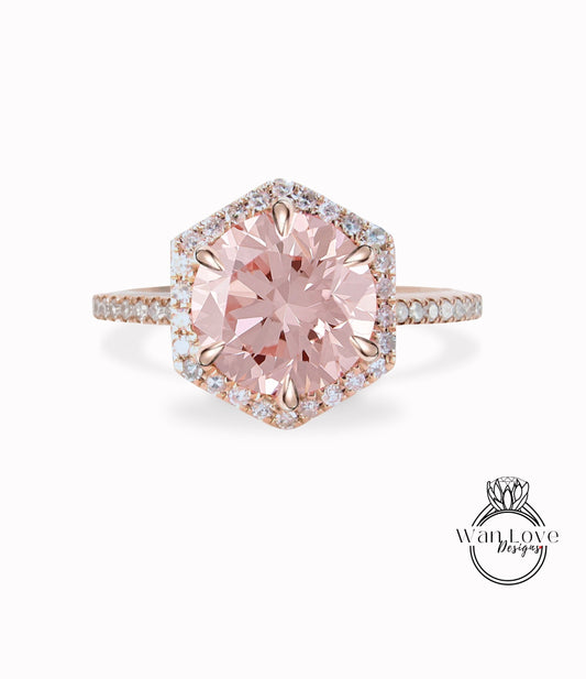 Hexagon Halo Peach Sapphire Engagement Ring - Rose Gold Diamond Halo Ring - Unique Half Eternity Promise Bridal Ring Wan Love Designs