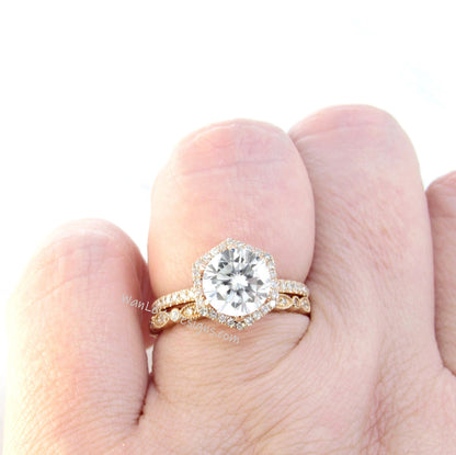 Hexagon cut diamond engagement ring set rose gold Certified diamond halo ring bridal set half eternity wedding band anniversary ring gift Wan Love Designs