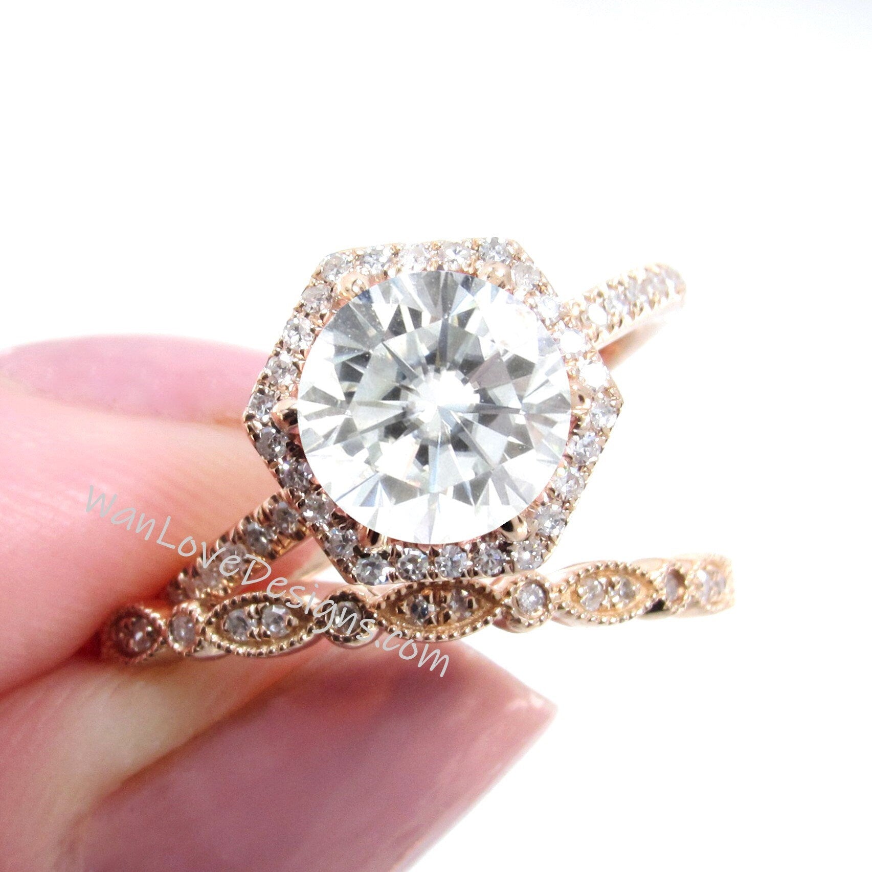 Hexagon cut diamond engagement ring set rose gold Certified diamond halo ring bridal set half eternity wedding band anniversary ring gift Wan Love Designs
