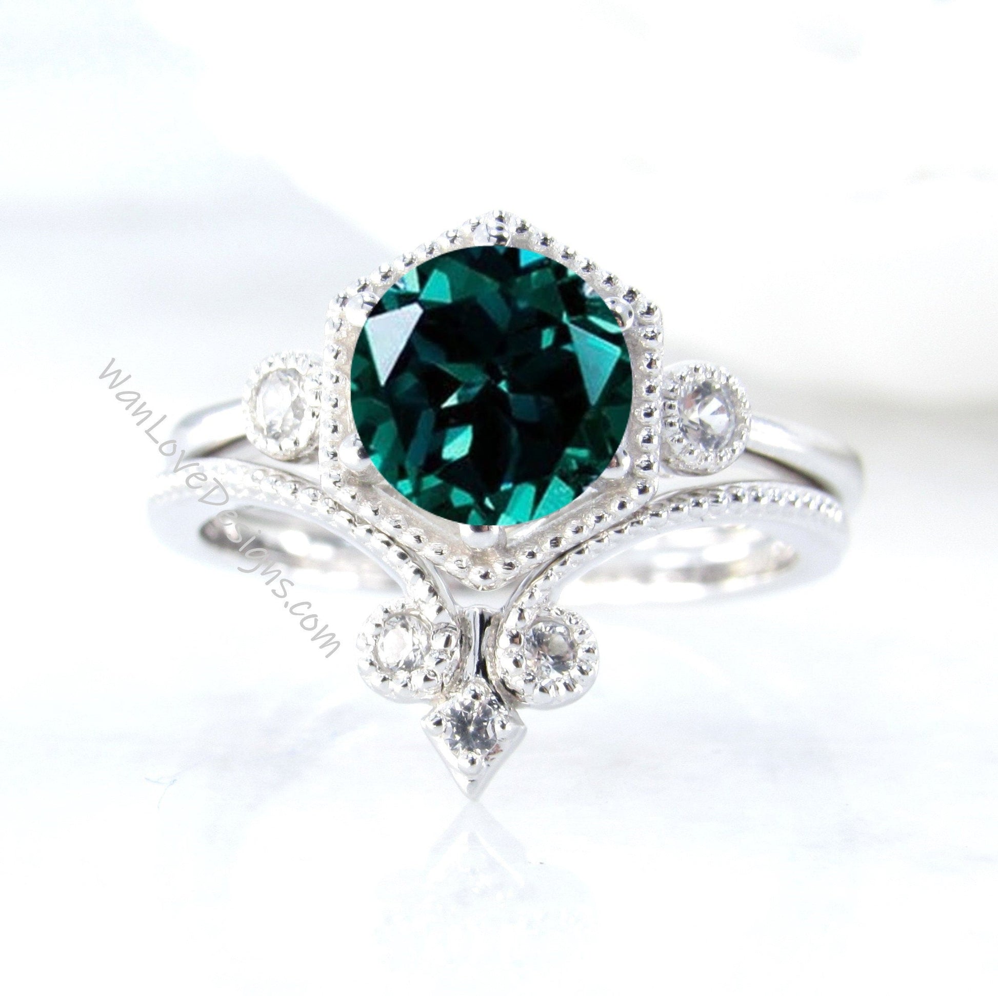 Hexagon shaped Emerald engagement ring 3 gem stone moissanite diamond ring chevron fleur de lis wedding band promise bridal ring set Wan Love Designs