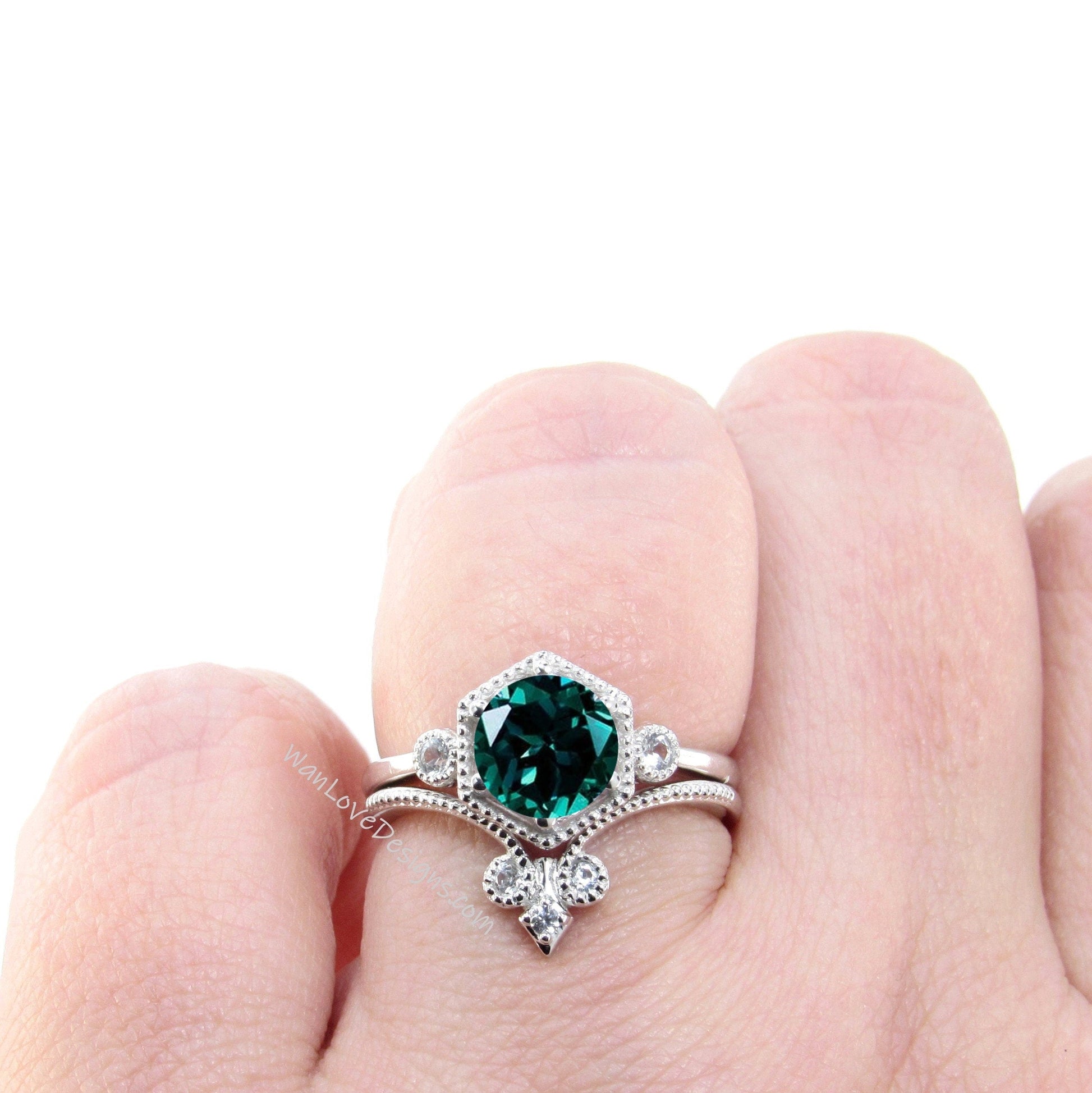 Hexagon shaped Emerald engagement ring 3 gem stone moissanite diamond ring chevron fleur de lis wedding band promise bridal ring set Wan Love Designs