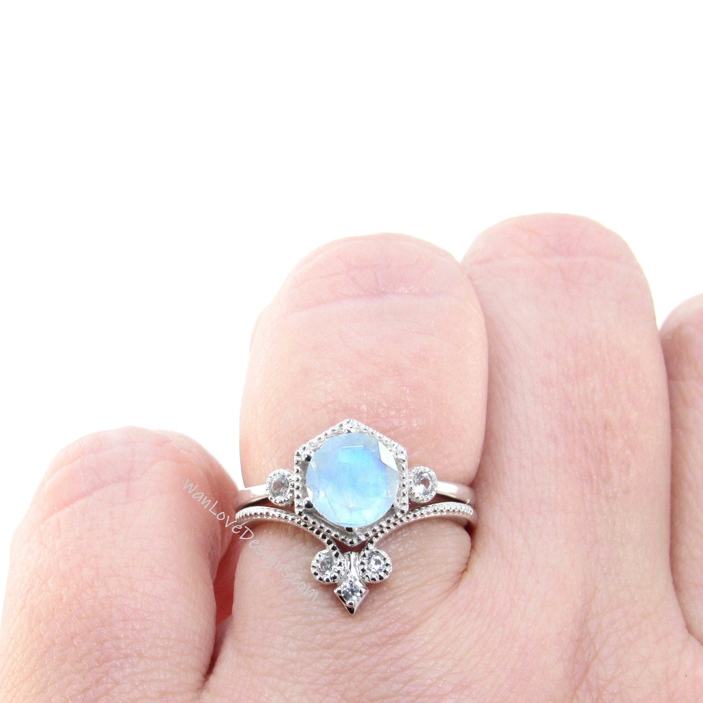 Hexagon shaped Moonstone engagement ring 3 gem stone moissanite diamond ring chevron fleur de lis wedding band promise bridal ring set Wan Love Designs