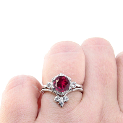 Hexagon shaped Ruby engagement ring 3 gem stone moissanite diamond ring chevron fleur de lis wedding band promise bridal ring set Wan Love Designs