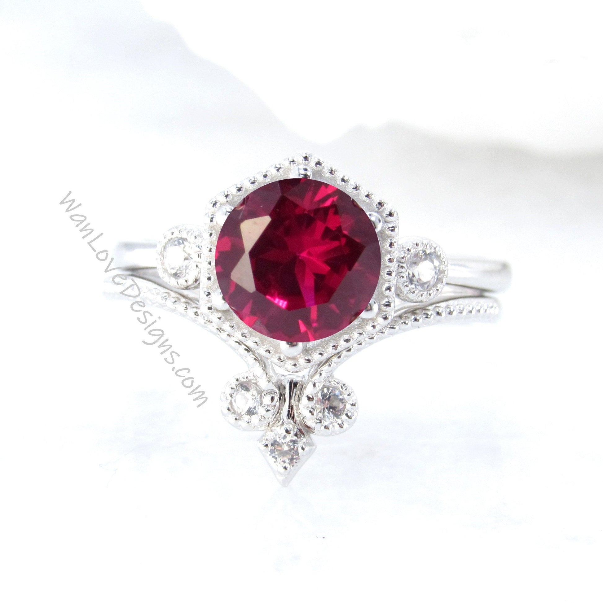 Hexagon shaped Ruby engagement ring 3 gem stone moissanite diamond ring chevron fleur de lis wedding band promise bridal ring set Wan Love Designs