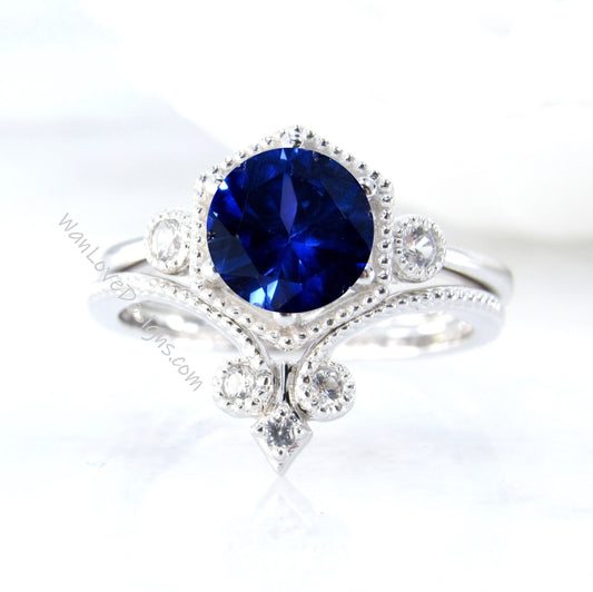 Hexagon shaped blue sapphire engagement ring 3 gem stone diamond ring chevron fleur de lis wedding band promise bridal ring set Wan Love Designs
