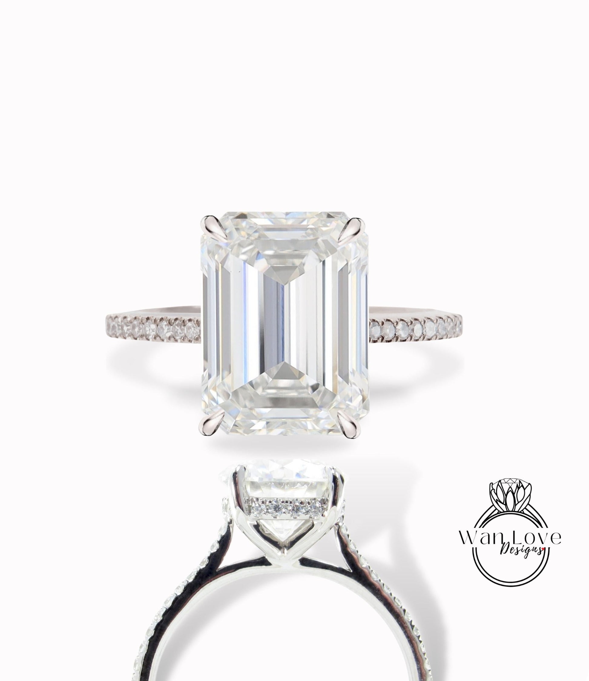 Hidden Side Halo Emerald cut Moissanite Diamond Half Eternity Engagement Ring, Radiant Art Deco ring,Wedding Bridal Anniversary Promise Ring Wan Love Designs