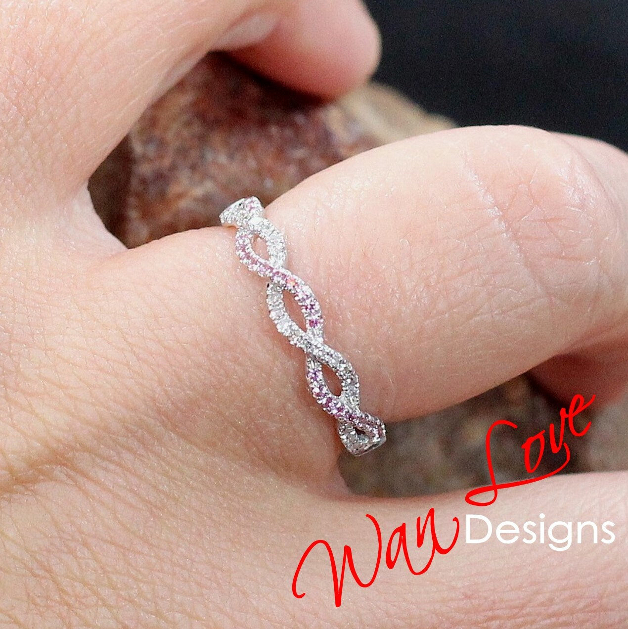 Infinity Twist Pink Sapphire Diamond Band, Round Twisted Curved Pink Moissanite Ring, Braided Wedding Band, Bridal Gold Birthstone Jewelry Wan Love Designs