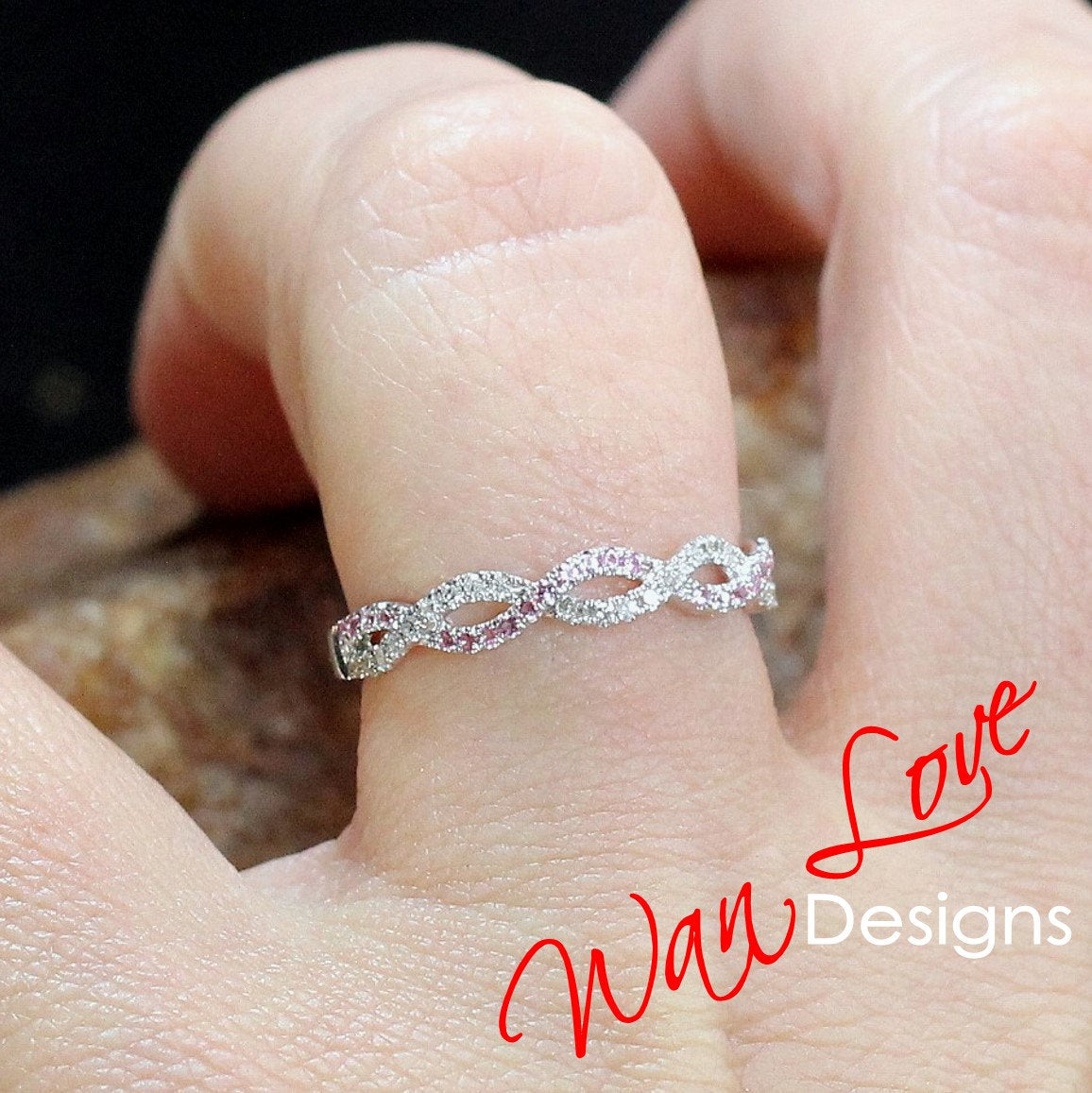 Infinity Twist Pink Sapphire Diamond Band, Round Twisted Curved Pink Moissanite Ring, Braided Wedding Band, Bridal Gold Birthstone Jewelry Wan Love Designs