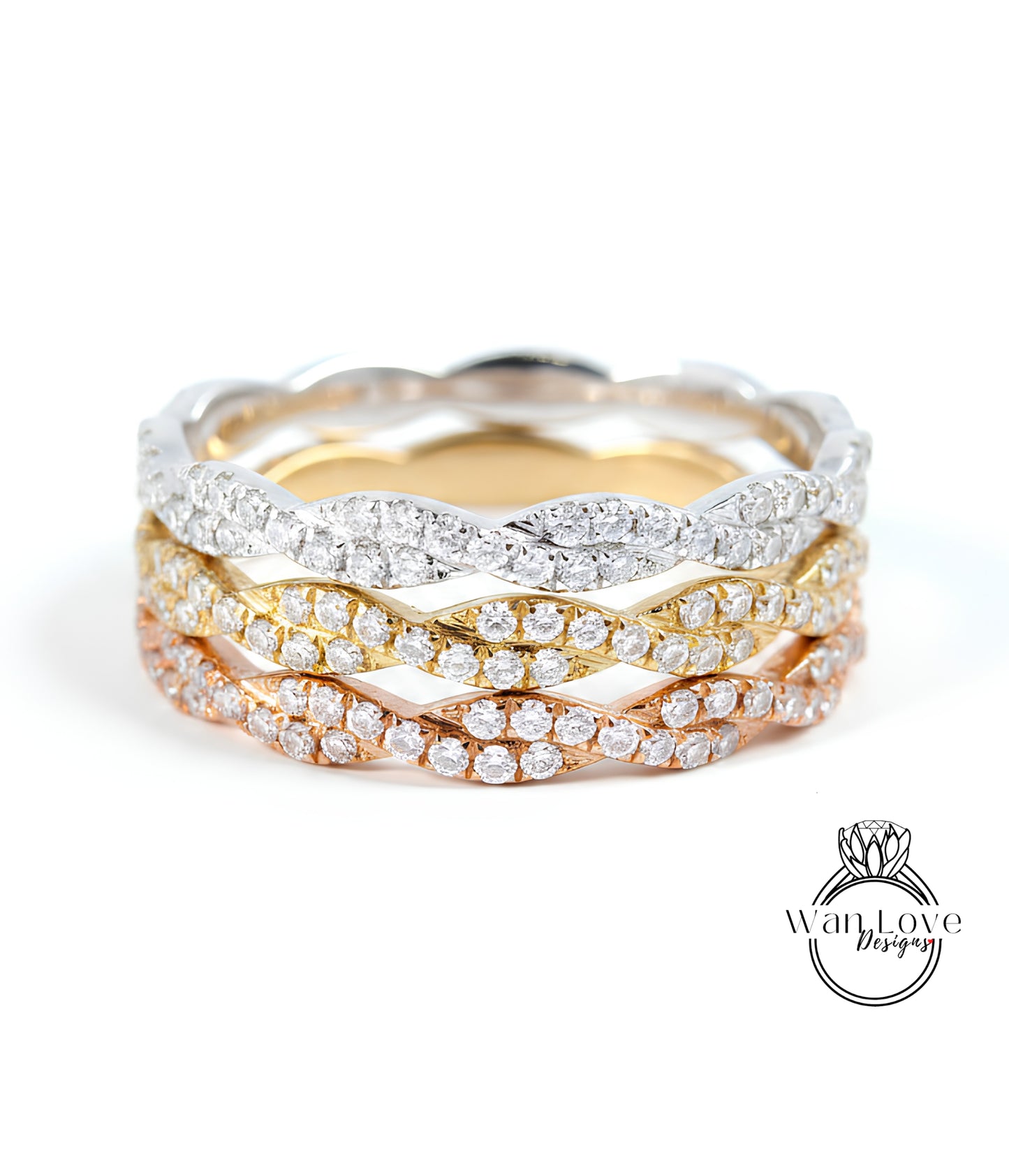 Fedi nuziali con diamanti Infinity quasi eterni / Anelli in oro rosa massiccio 18 carati / Fedi nuziali da donna / Fasce abbinate con pietre portafortuna intrecciate