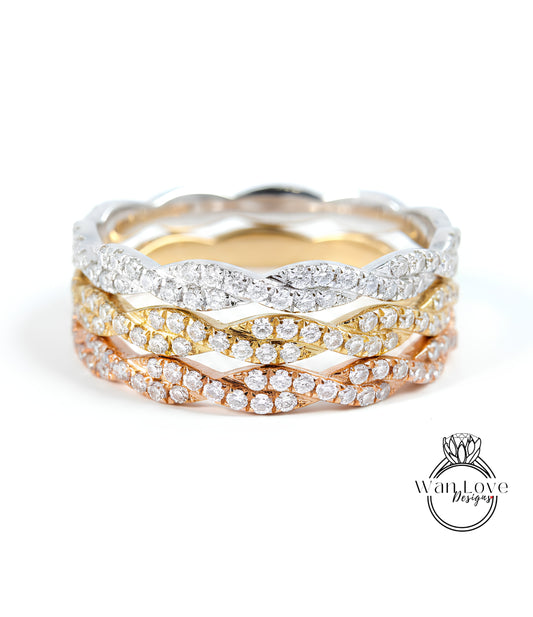 Fedi nuziali con diamanti Infinity quasi eterni / Anelli in oro rosa massiccio 18 carati / Fedi nuziali da donna / Fasce abbinate con pietre portafortuna intrecciate