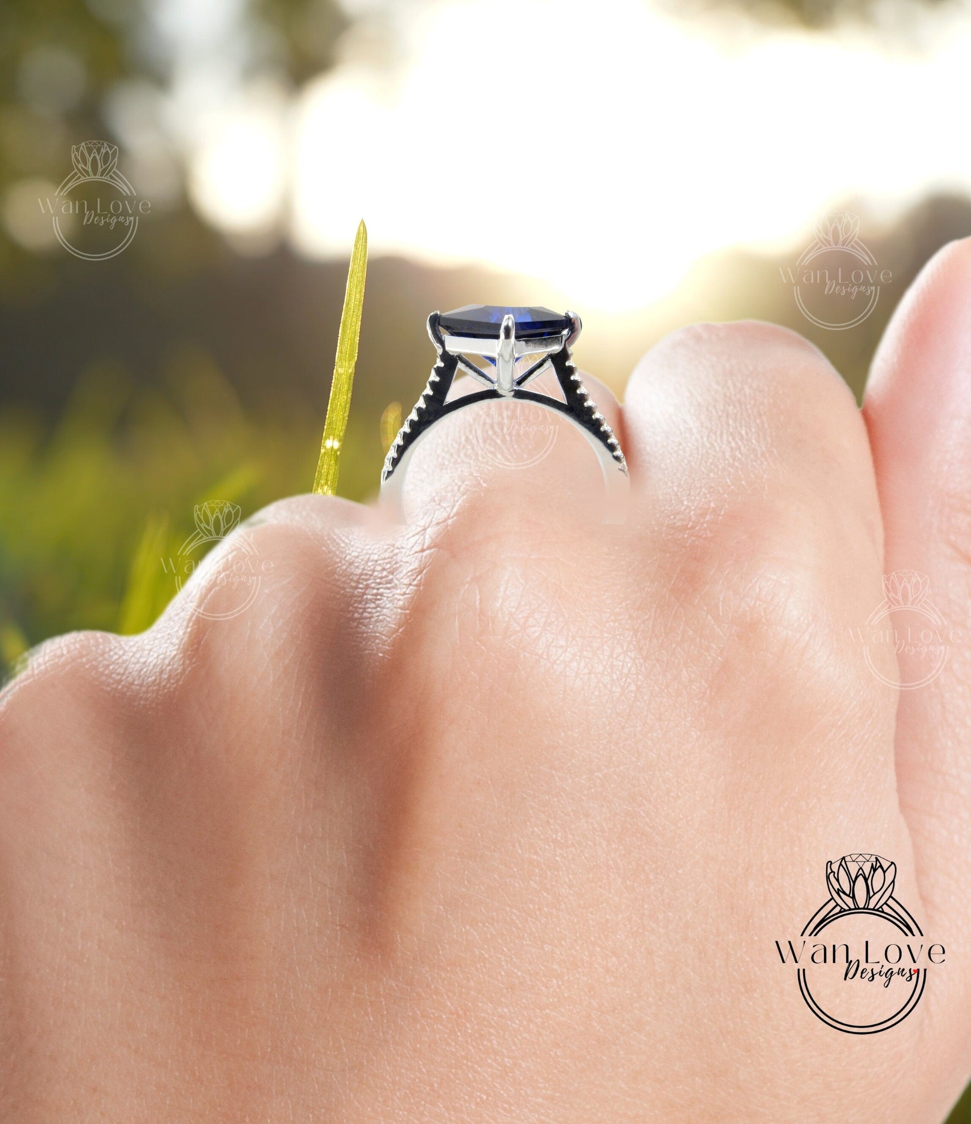 Kite Blue Sapphire Ring Princess Diamond Ring Geometric Engagement Ring Square claw prong Engagement Ring Kite Moissanite Gemstone Ring Wan Love Designs