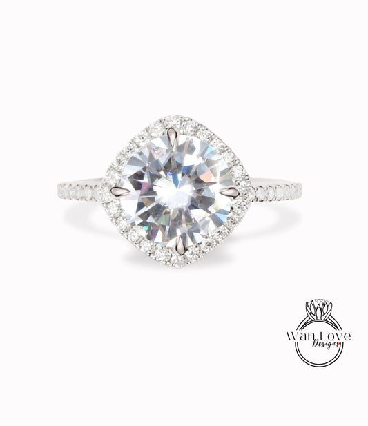 Kite Cushion Halo Engagement Ring Moissanite & Diamond Round cut ring Art Deco white gold vintage Ring antique wedding bridal promise ring Wan Love Designs